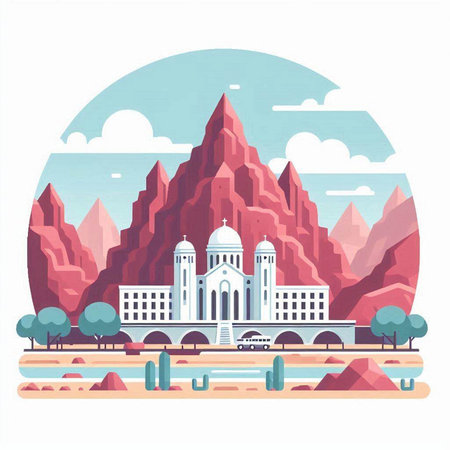 Mountains and Cathedral of Christ the Saviour. Vector illustration.のイラスト素材