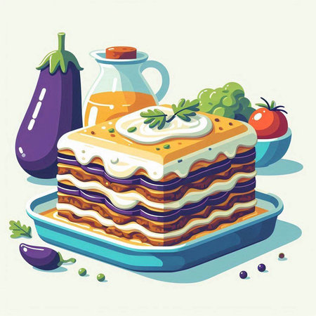 Illustration of a lasagna with eggplant, tomato and sauceのイラスト素材