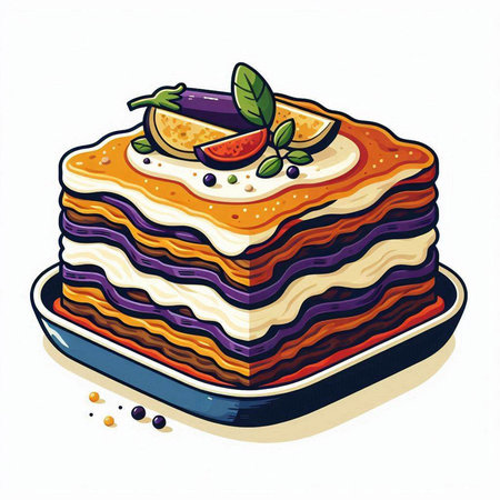 Illustration of a stack of lasagna with blueberries and figsのイラスト素材