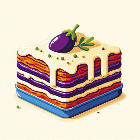 Illustration of a piece of lasagna with eggplant and sauceのイラスト素材