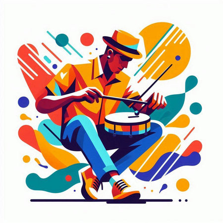 Musician playing the drum flat vector illustration. Man in hat and sunglasses playing instrument on colorful abstract background.のイラスト素材