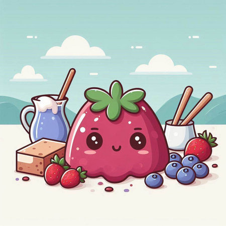 strawberry character with milk and fruits on the beach vector illustrationのイラスト素材