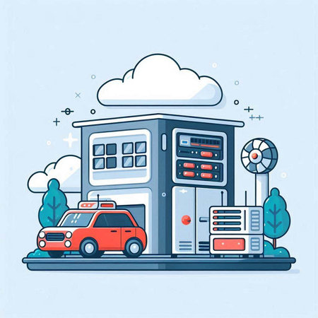 Flat design modern vector illustration concept of electric car charging station.のイラスト素材