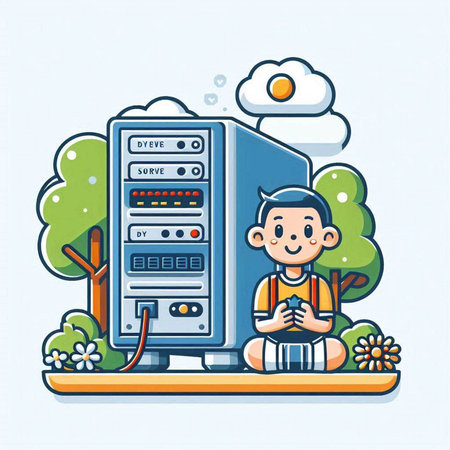 Vector illustration of a boy sitting in front of a big data serverのイラスト素材