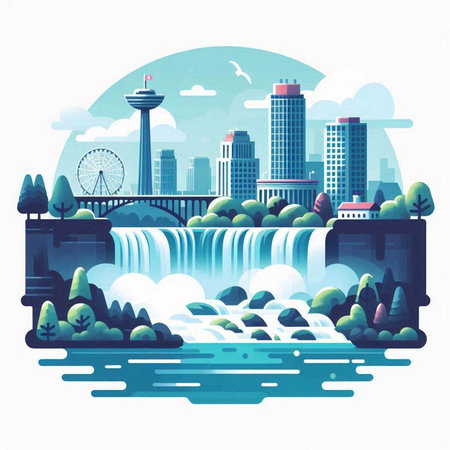 Waterfall in the city. Vector illustration in a flat style.のイラスト素材