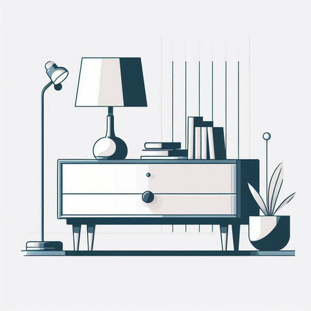 Illustration of a nightstand with a lamp and a bookcaseのイラスト素材