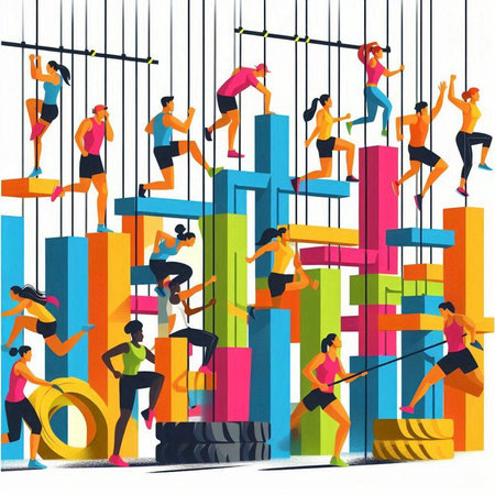 Vector illustration of a group of people exercising on a bar chart.のイラスト素材