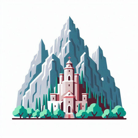 Church in the mountains. Vector illustration in a flat style on a white background.のイラスト素材
