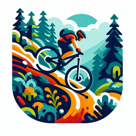 Mountain biker in the forest. Colorful vector illustration.のイラスト素材
