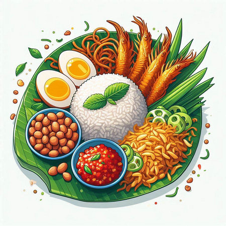 Illustration of a set of Asian food with rice, shrimps, vegetables, egg and fishのイラスト素材