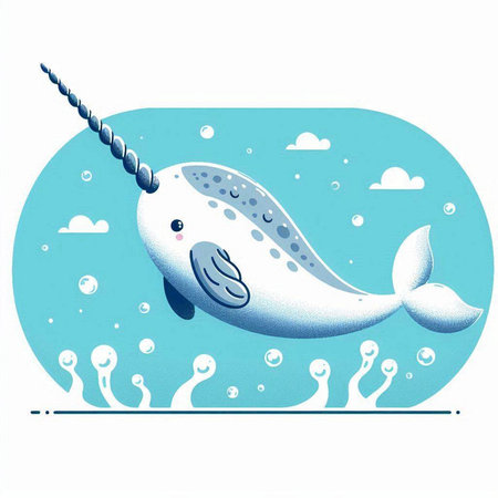 Illustration of a cute cartoon whale on a blue background with cloudsのイラスト素材