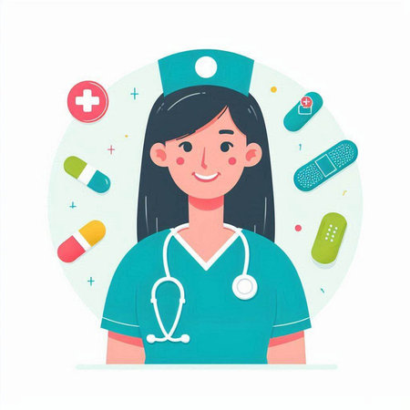 Female nurse with stethoscope and pills. Vector illustration in flat styleのイラスト素材