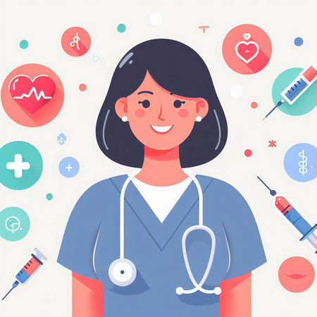Nurse with stethoscope and medical icons. Vector illustration.のイラスト素材