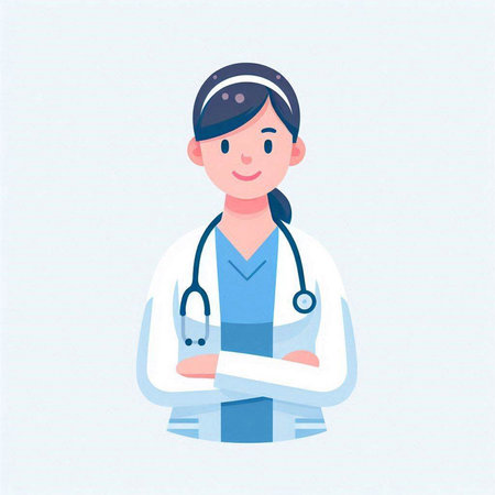 Cartoon female doctor standing with crossed arms. Vector illustration in flat style.のイラスト素材