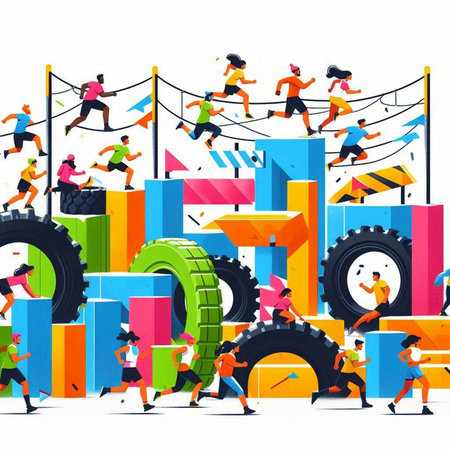 Teamwork concept with people running in a race. Vector illustration.のイラスト素材