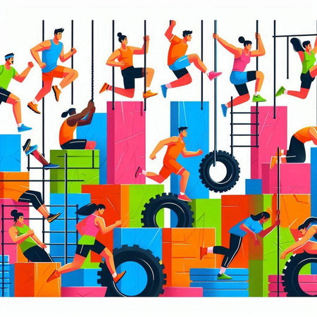Sporty people running on stairs, vector illustration. Men and women in sportswear.のイラスト素材