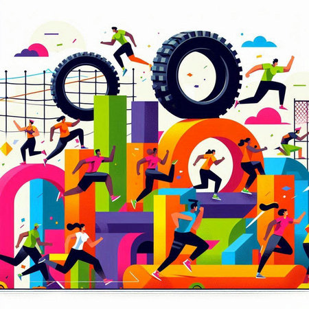 Vector illustration of people running on the background of the tire track.のイラスト素材
