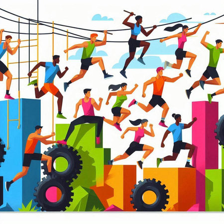Fitness people running and jumping over bar graph. Vector illustration.のイラスト素材