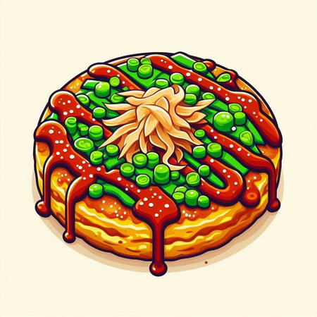 Illustration of a round pizza with a pattern of green peas.のイラスト素材
