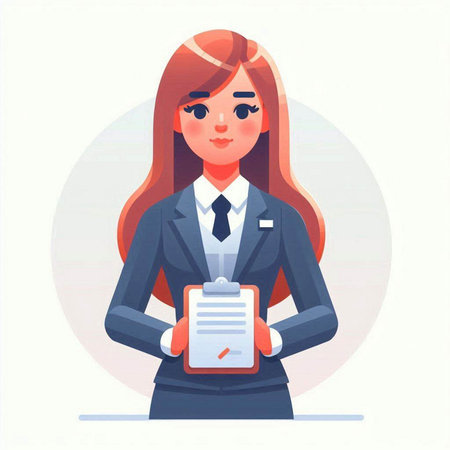 Young businesswoman holding clipboard. Vector illustration in a flat style.のイラスト素材
