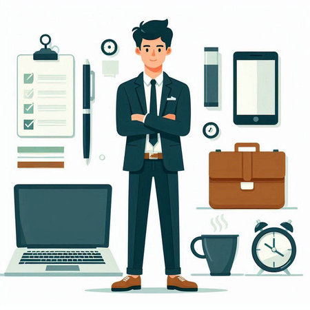 Businessman with laptop and mobile phone. Vector illustration in flat styleのイラスト素材
