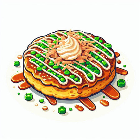 Illustration of a slice of pie with green peas and caramel sauceのイラスト素材