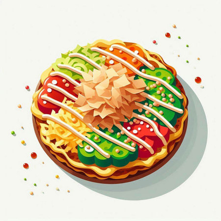 Vector illustration of a cake with meat, vegetables and cheese on a white backgroundのイラスト素材