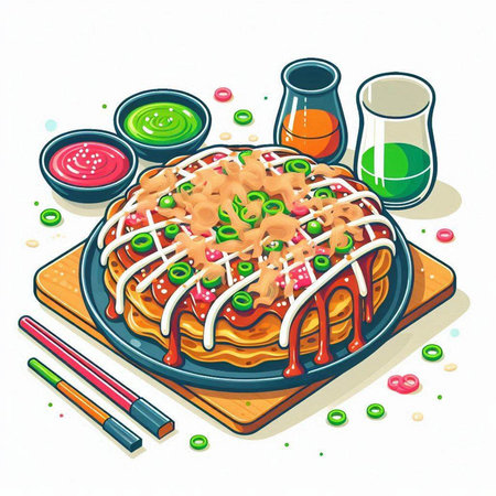 Illustration of a waffle on a plate with sauce and chopsticksのイラスト素材