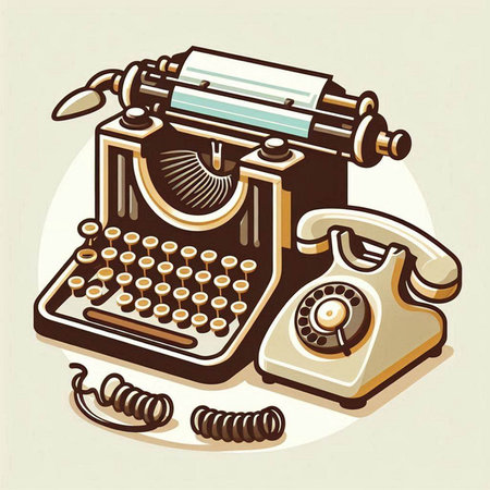 Retro typewriter and telephone in retro style. Vector illustration.のイラスト素材