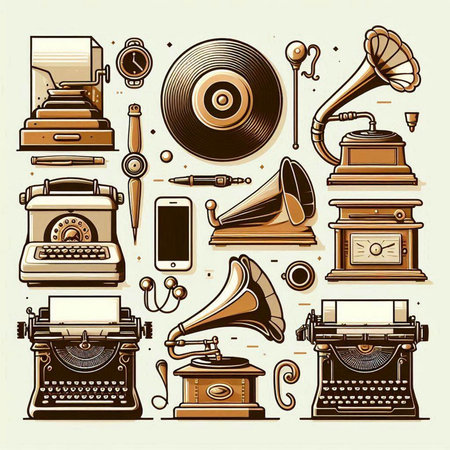 Vector set of vintage monochromatic illustrations with old typewriter, gramophone, record player, gramophone, gramophone and other objectsのイラスト素材