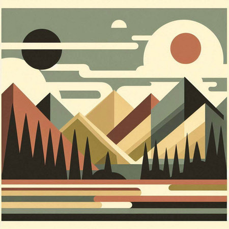 Retro landscape with mountains and sun. Vector illustration in retro style.のイラスト素材
