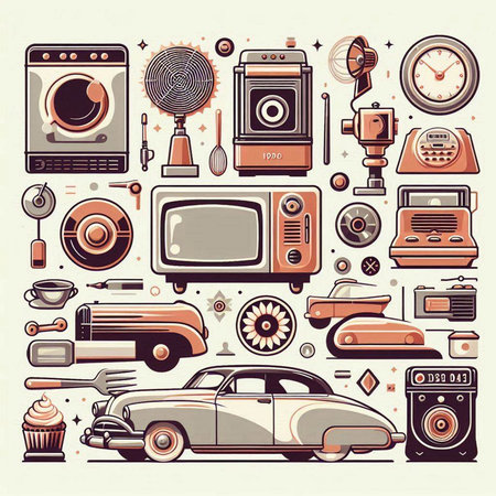 Retro and vintage equipment icons set. Vector illustration in retro styleのイラスト素材