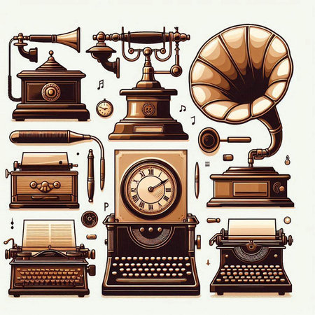 Vintage telephone and gramophone icons set in retro style. Vector illustration.のイラスト素材