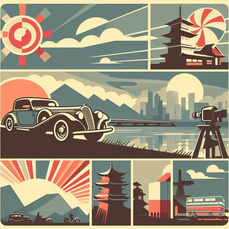 Vintage travel banners set with retro car and landscape. Vector illustrationのイラスト素材