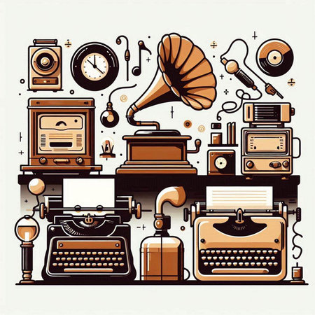 Vector illustration of a collection of different types of retro equipment and gadgets.のイラスト素材