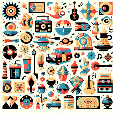 Music and entertainment flat icons set with guitar, vinyl record, radio and other elements isolated vector illustrationのイラスト素材