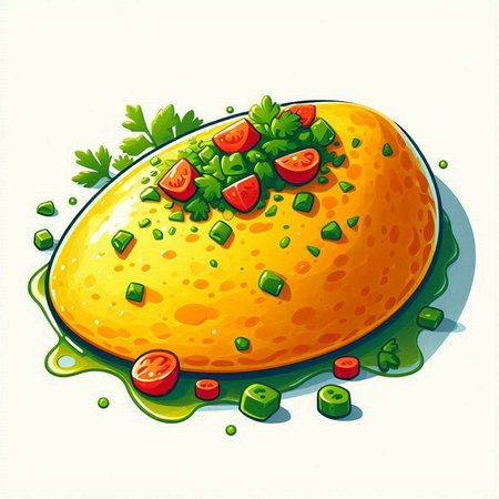 Illustration of omelet with parsley and tomato on white backgroundのイラスト素材