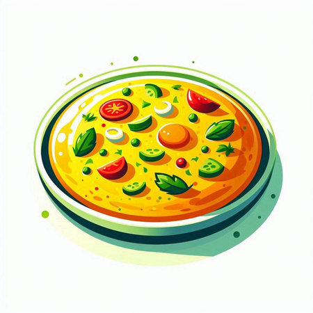 Illustration of pizza with tomato, onion and basil on white backgroundのイラスト素材