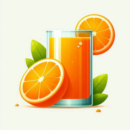Glass of fresh orange juice with slices of orange and green leaves. Vector illustration.のイラスト素材