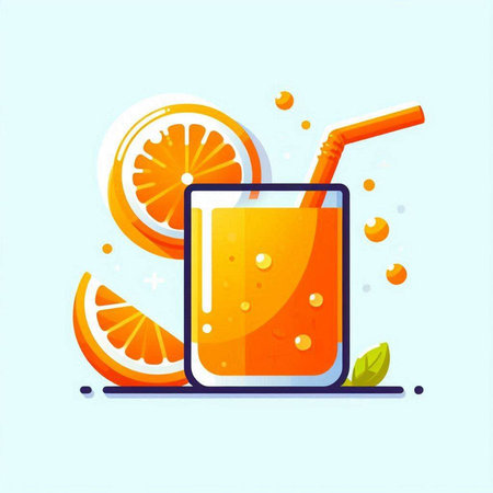 Orange juice in a glass with a straw. Vector illustration in flat styleのイラスト素材