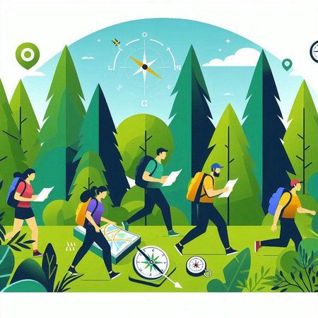 Tourists with map and compass in the forest. Vector illustration.のイラスト素材