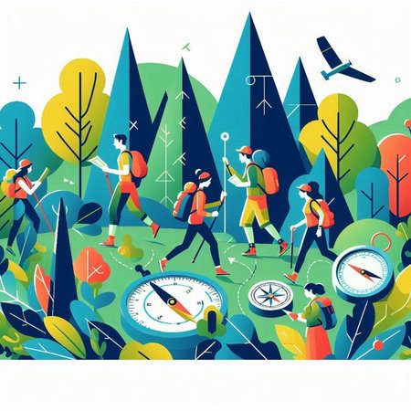 Vector illustration of people hiking in the forest. Flat style design.のイラスト素材
