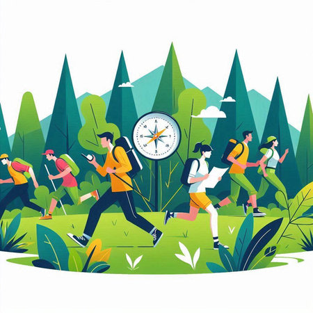 Group of people with backpacks and compass in the forest. Vector illustration.のイラスト素材