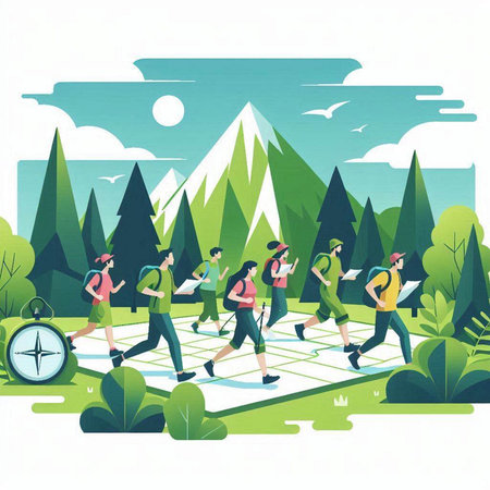 Group of people hiking in the forest. Flat style vector illustration.のイラスト素材