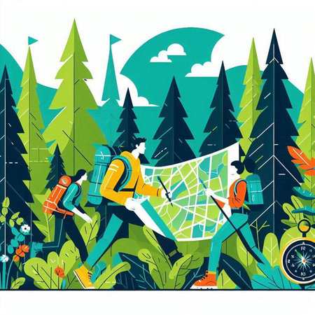 Vector illustration of a man with a backpack and map in the forestのイラスト素材