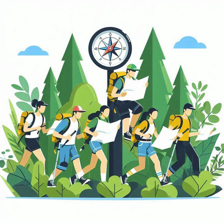 Tourists with map and compass in the forest. Vector illustration.のイラスト素材