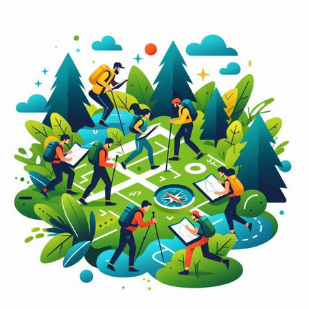 Hiking people with map and compass. Vector illustration in flat styleのイラスト素材