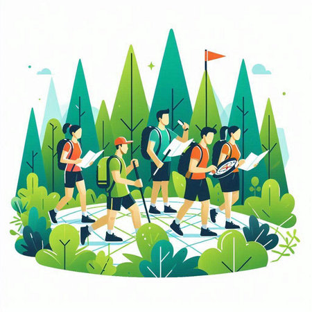 Group of young people hiking in nature. Vector illustration, flat style.のイラスト素材
