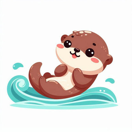 Cute cartoon otter sitting on a wave. Vector illustration.のイラスト素材