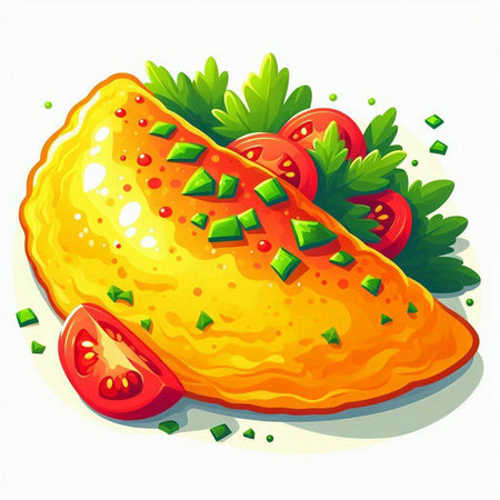 Illustration of fried omelet with tomato and parsley.のイラスト素材